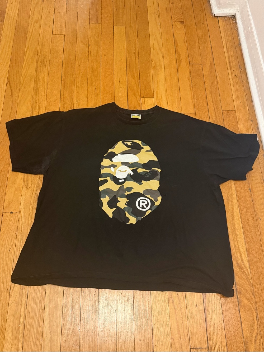 Bape Black Tee with Yellow and Green Camo Ape Head